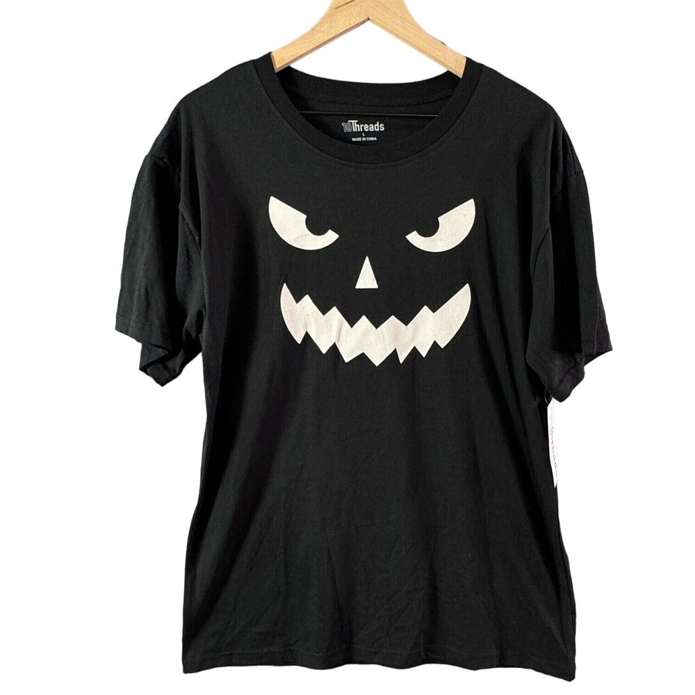 Halloween Spooky Black Jack-o-Lantern Pumpkin‎ Face Graphic T-Shirt Size L
